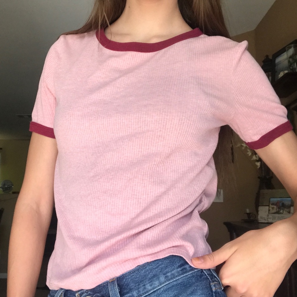 Solid Pink Shirt With Maroon Sleeves and Collar💖